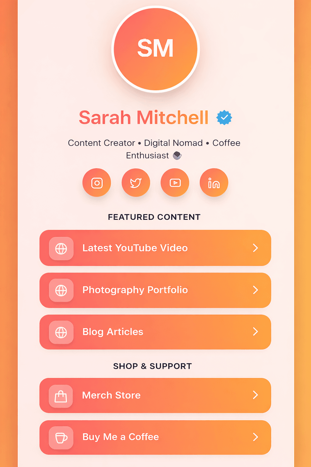 Sunset Glow Bio Links template preview with example content